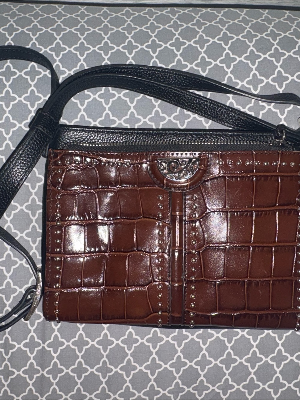 Brighton Brown Croc-Embossed Crossbody Bag with Black Strap